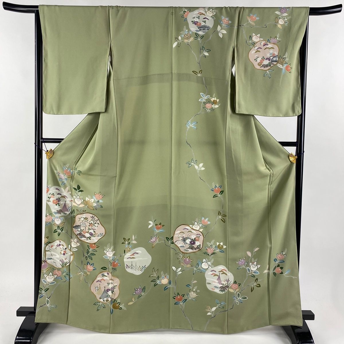 訪問着 身丈165.5cm 裄丈66cm M 袷 松竹梅 橘 金彩 薄緑 正絹
