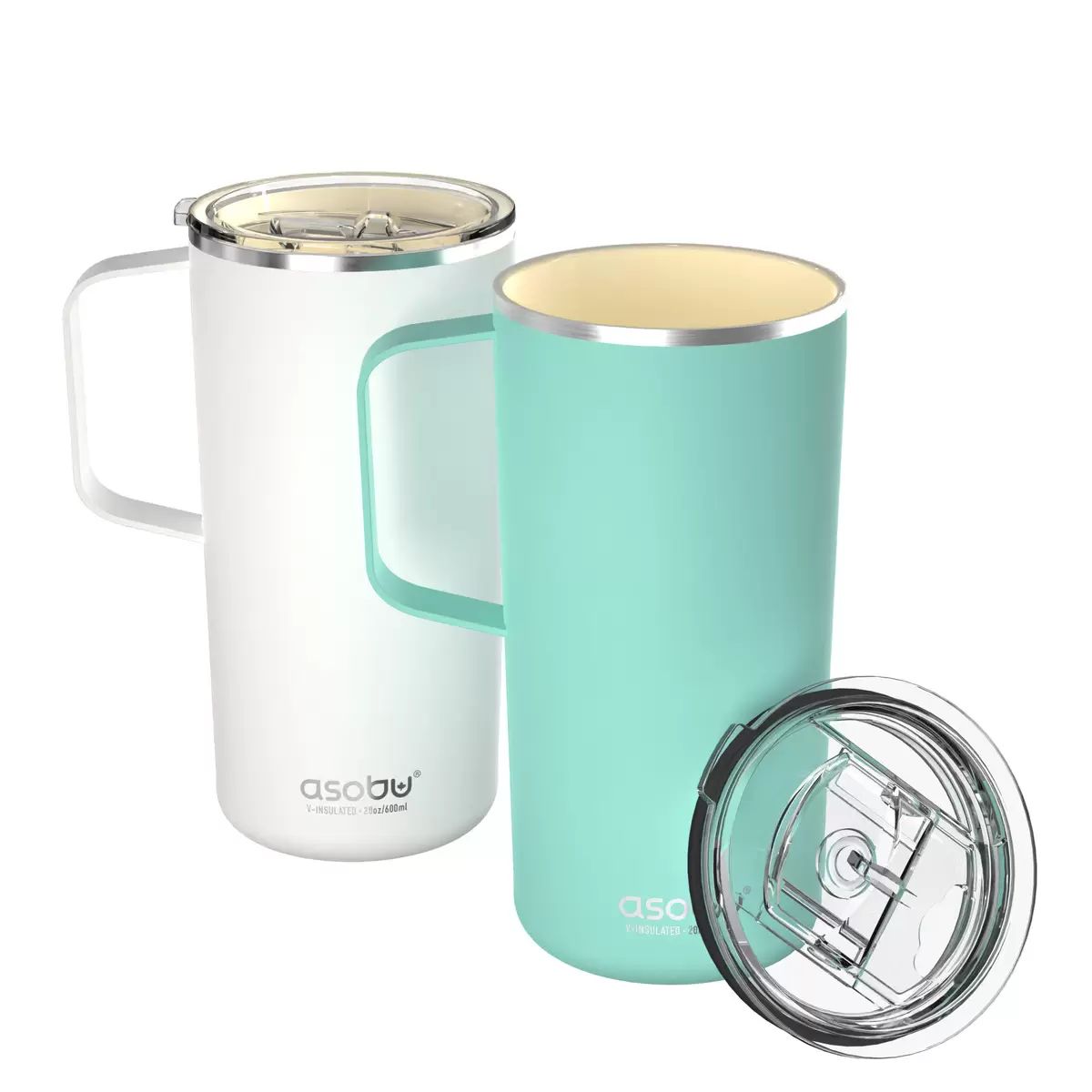 Asobu タワーマグ ステンレス真空断熱コーヒーマグ 600ml フタ付 2個セット Asobu Tower Mug Stainless Steel Ceramic Interior Coffee Mug 20oz w/Lid 2PK