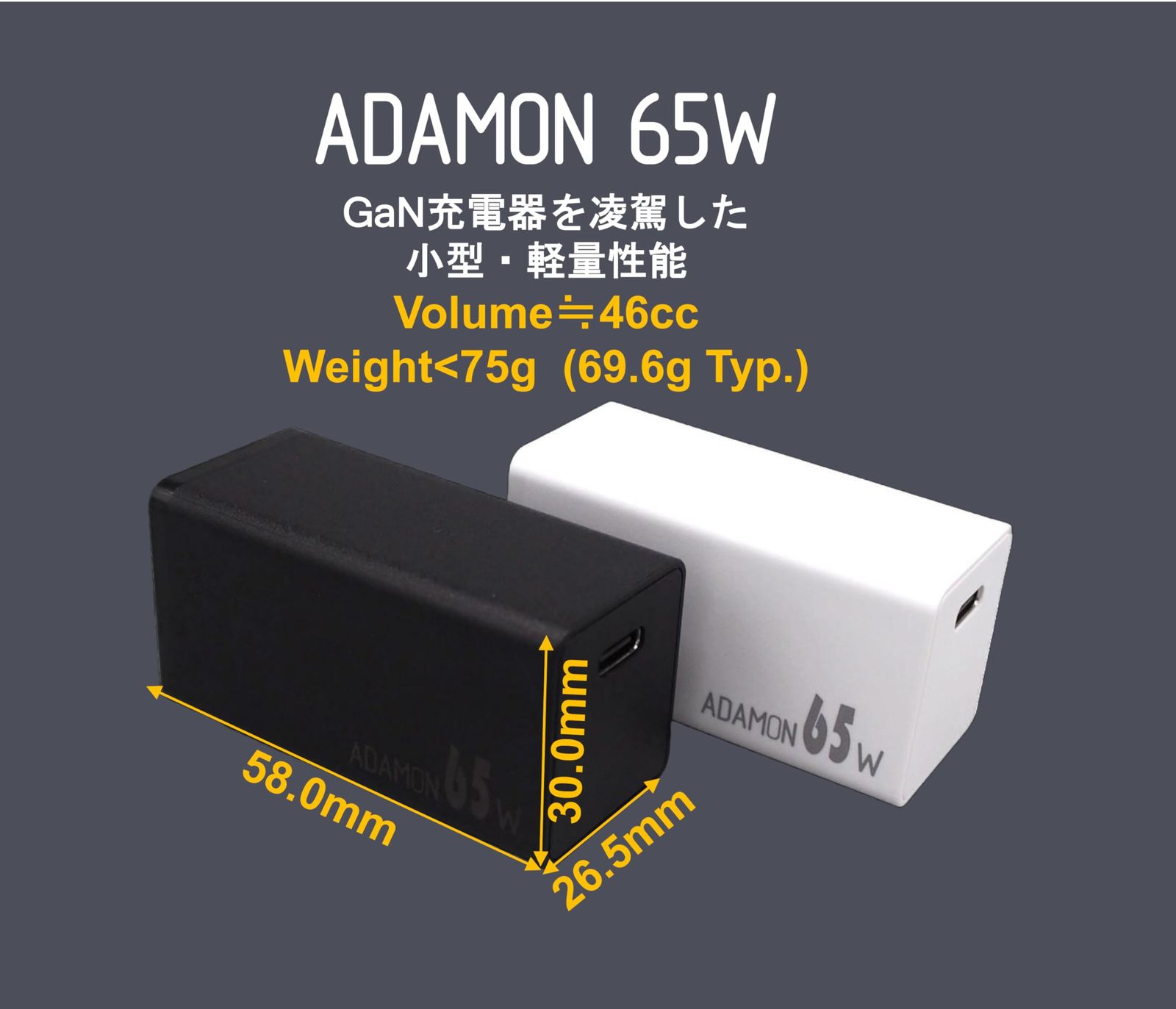 E Power Solutions ADAMON 65 W 独自技術DAC Tech搭載 Type C PD PPS充電器 PSE適合 Black