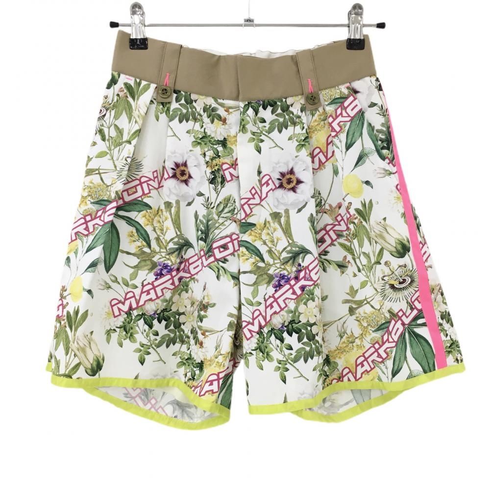 超 マークアンドロナ キュロットスカート 白×グリーン 花柄 ロゴ 裏地付き レディース 38 M ゴルフウェア MARK＆LONA