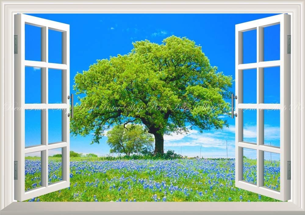 【在庫処分】はがせるシール式 -窓の景色- ムスカリの花 青空と大木と花畑 壁紙ポスター ブドウヒヤシンス 窓仕様／トリックアート キャラクロ FLGD-5MA2 A2版 絵画風 594mm×42mm 建築用壁紙＋耐候性塗料 ＜日本製＞ ウォールステッカー お