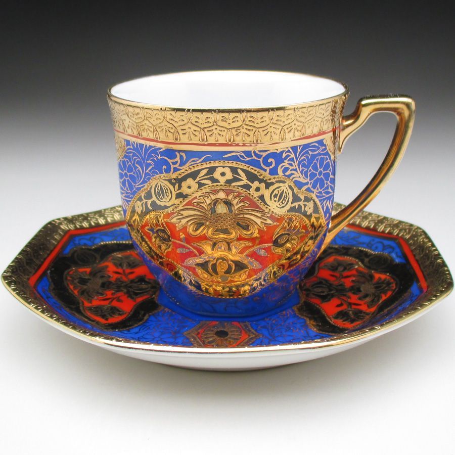 オールドノリタケ ブルー地金盛り花文 カップ＆ソーサー c