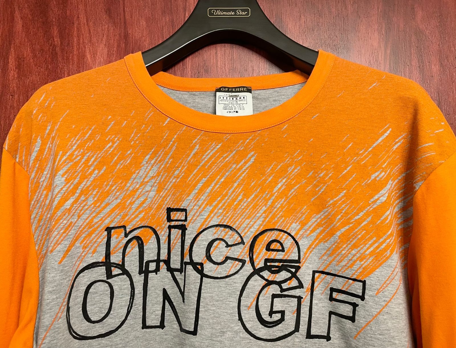 MADE IN ITALY製 GF FERRE 長袖プリントTシャツ オレンジ×グレー XXL 