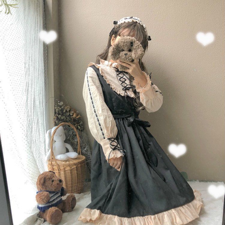 日系ロリータ風 学生風長袖ワンピース 日常使い 春用 ソフトガーリー系 ロリータドレス ブラック＆ベージュのコントラス