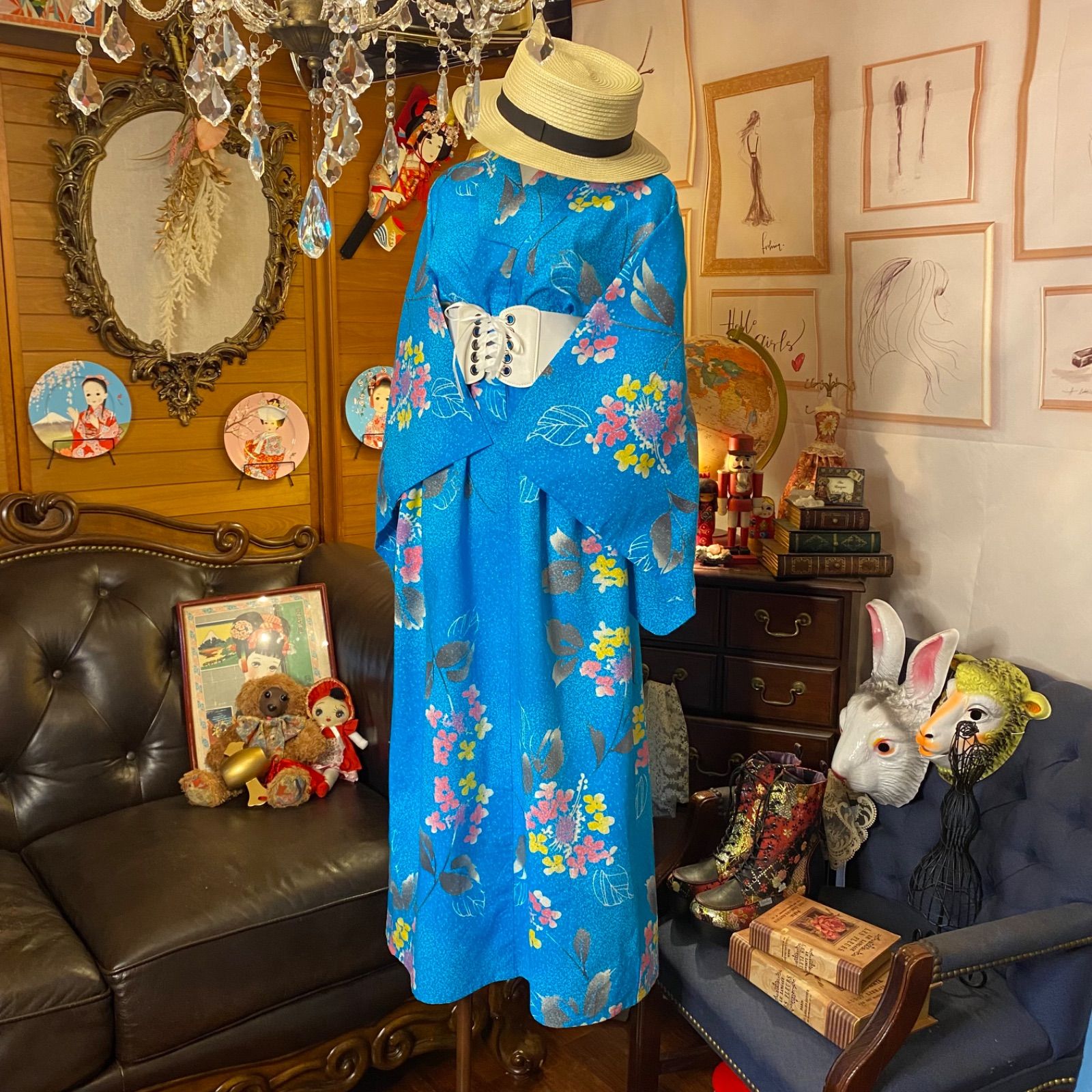 浴衣 ハンドメイド リメイク ワンピース ドレス 編み上げ