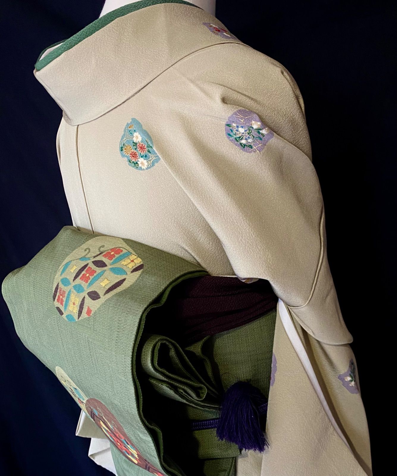 貝に花紋七宝の袋帯〉抹茶色 洒落袋 トール - メルカリ 