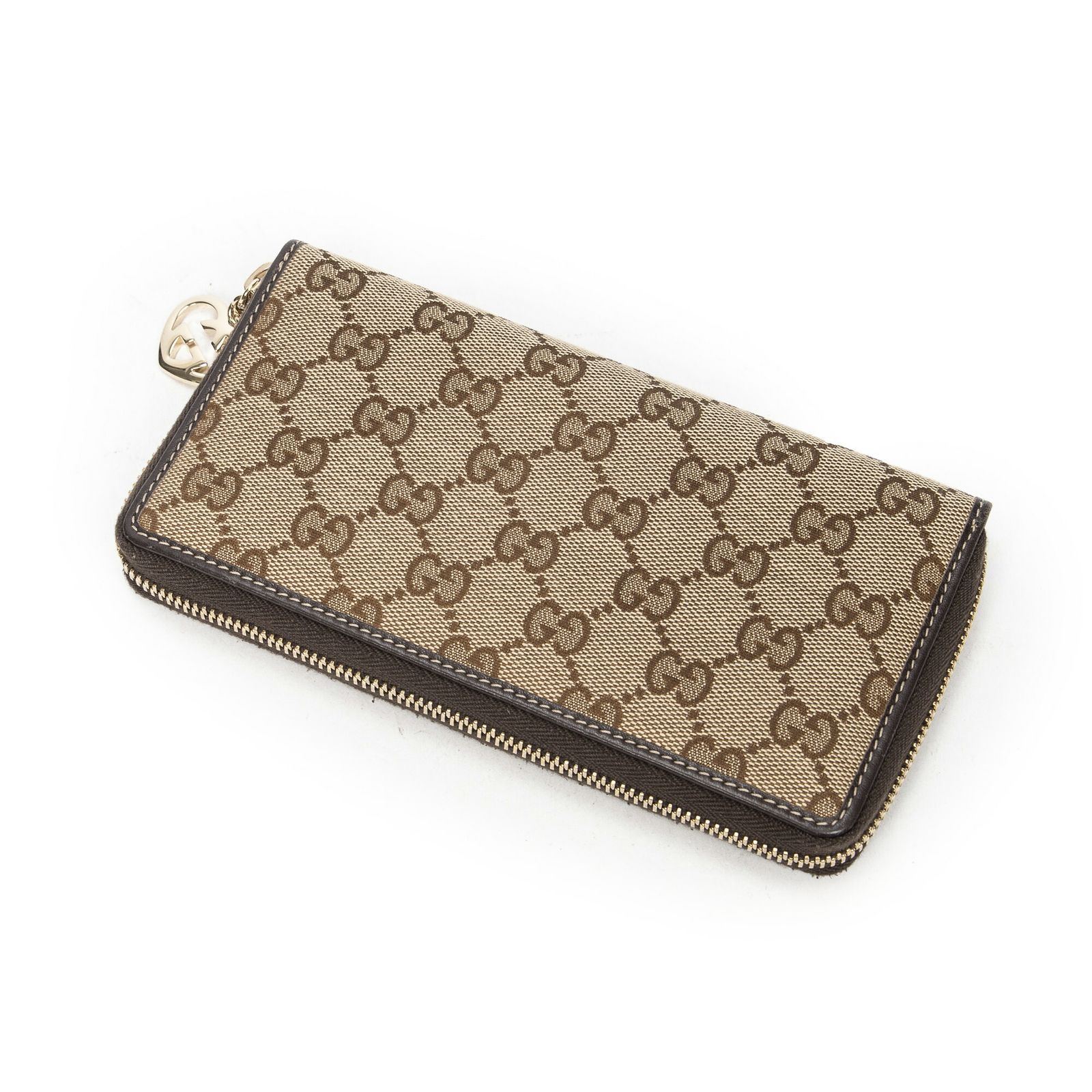 GUCCI グッチラブリーハートジップアラウンドウォレットベージュGGキャンバスA