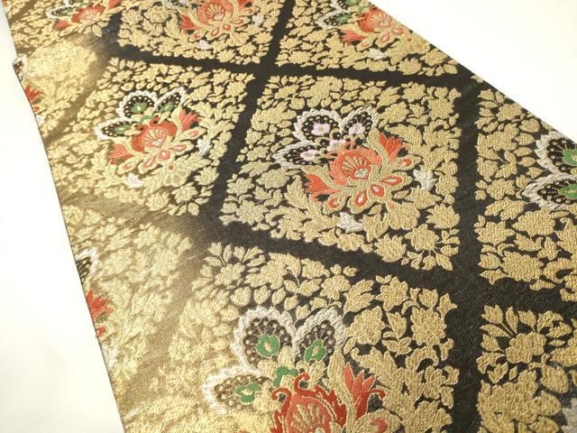 平和屋着物●六通柄袋帯　菱花文　黒地　金糸　反端付き　CAAU1173yk 平和屋着物○六通柄袋帯 菱花文 黒地 金糸 反端付き CAAU1173yk