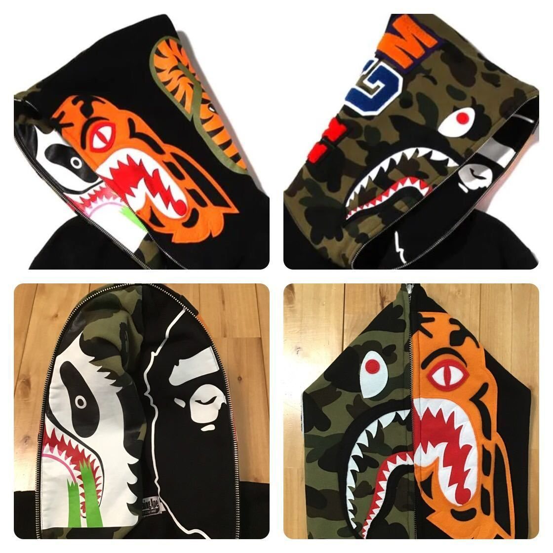 Crazy face tiger shark full zip hoodie Lサイズ black × 1st camo a 