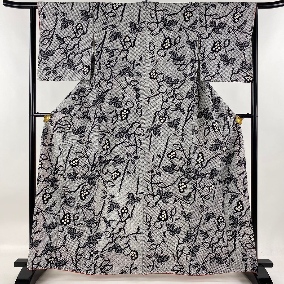 小紋 身丈163.5cm 裄丈63.5cm S 袷 葉 実 総絞り 黒灰 正絹 美品 名品  