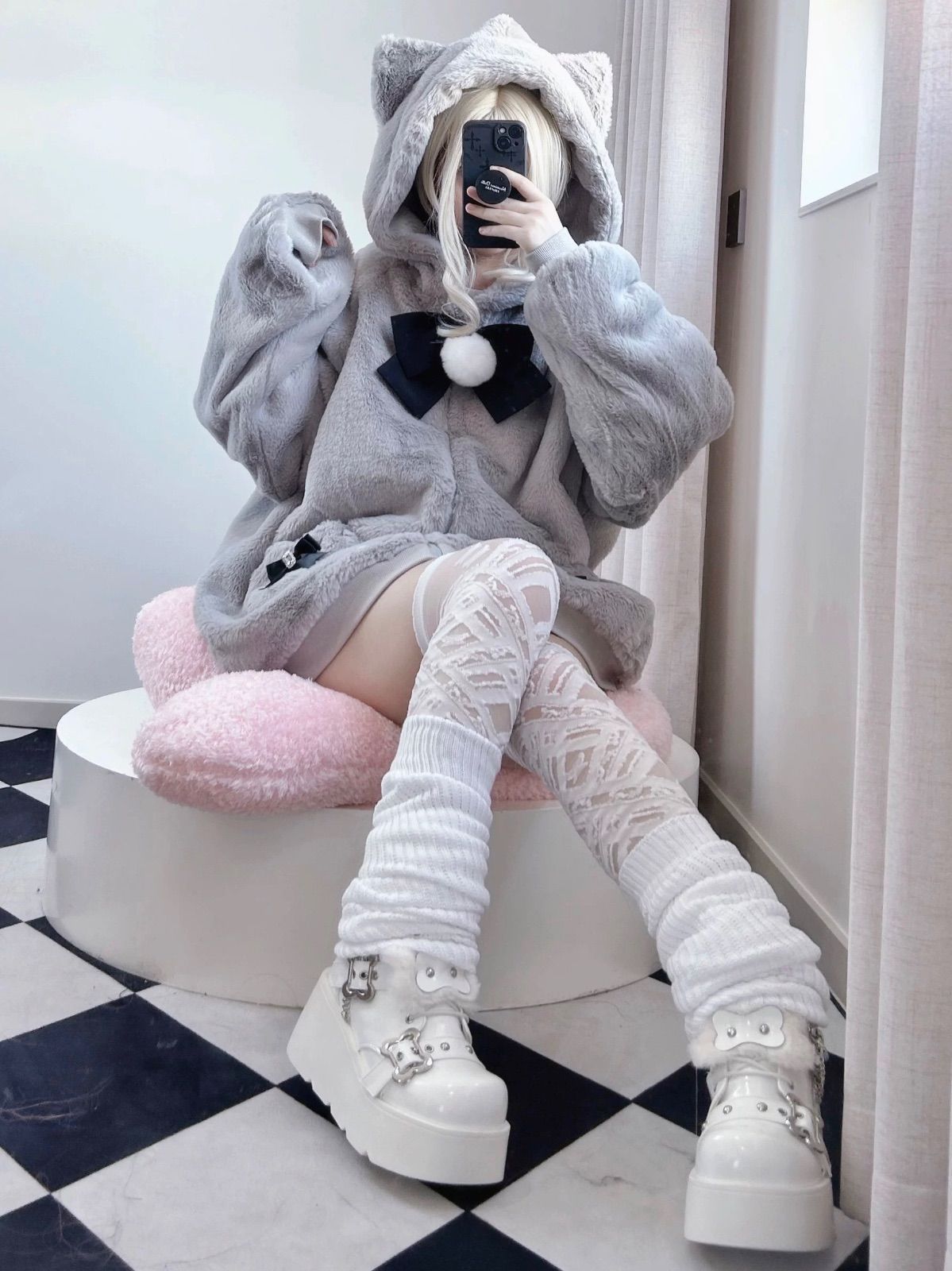 グレー ホワイト 猫耳フード付き パーカー サブカル 服 秋 春 フード付き ジャージ パーカー 地雷系 量産型 ロリータ 天使
