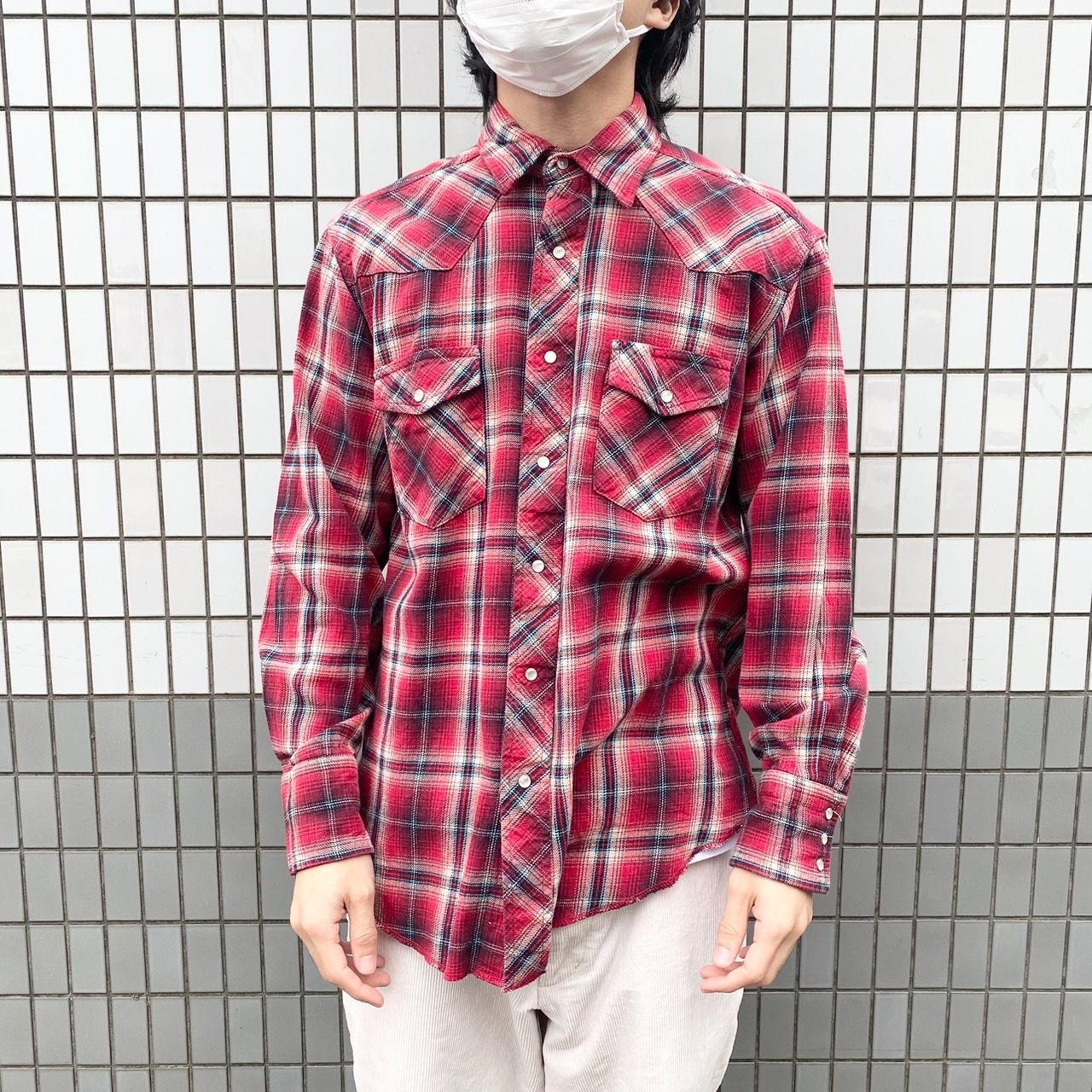 ラングラー Wrangler ウエスタンシャツ チェック柄 L 赤×水色×黒