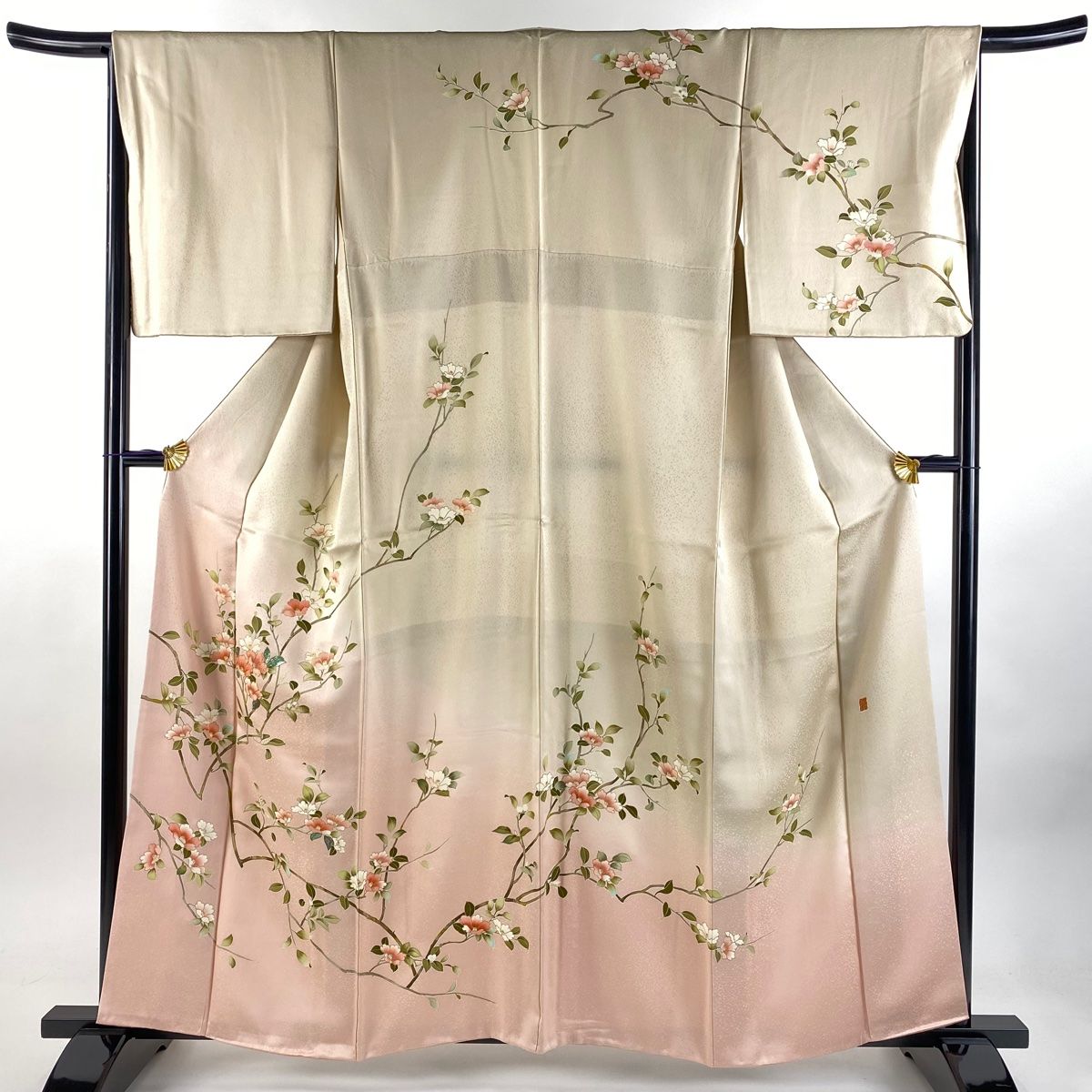 訪問着 身丈160cm 裄丈66cm M 袷 落款 椿 金糸 螺鈿 ピンク 正絹 秀品