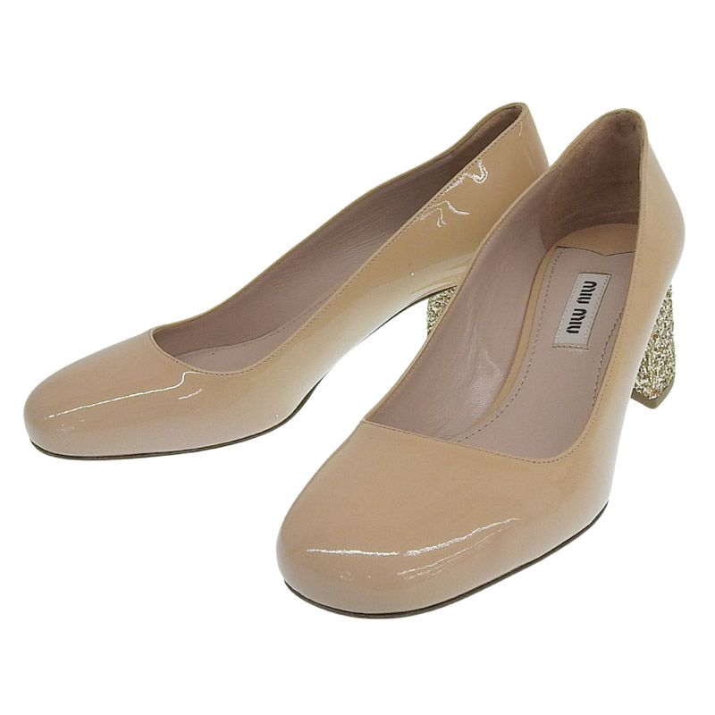 ミュウミュウ MIUMIU パンプス 靴 エナメル ゴールドラメ ベージュ 35 1|2 約22.5cm 新入荷 OBB0648
