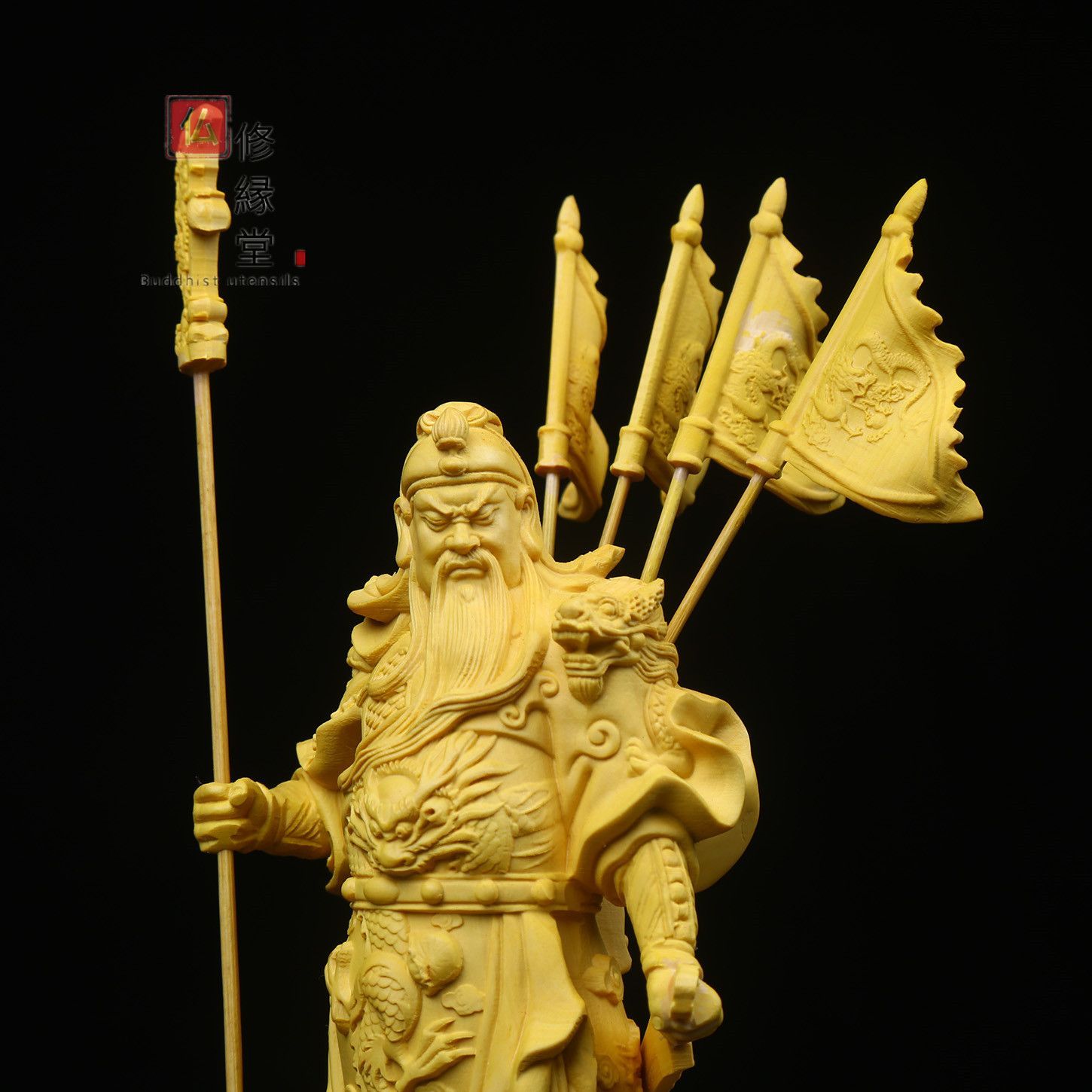 修縁堂】極上品 木彫り 勝運置物 関羽立像 関公聖君 彫刻 柘植材 