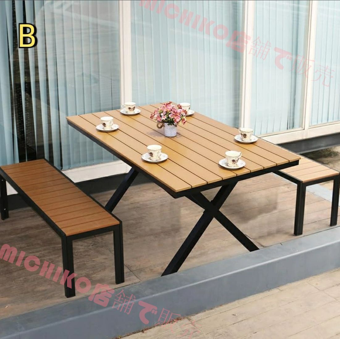 ガーデンテーブルセット 3点セット 屋外ダイニングテーブルとベンチ 長テーブル 金属フレーム プラスチック製の木製のテーブルトップ 雨ざらし 防水性と耐日光性 お手入れが簡単 屋内|屋外 裏庭 キッチン用 STEELWINDOWSANDDOORS_COM