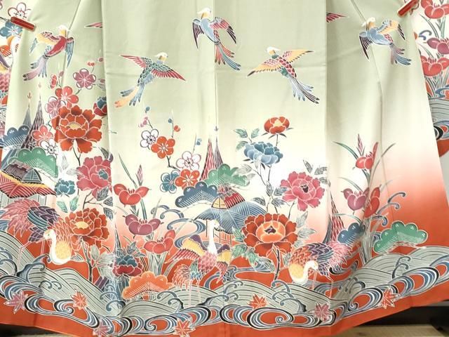 平和屋着物○豪華振袖 型染め 鳳凰浜松鶴風景文 暈し染め 正絹 逸品