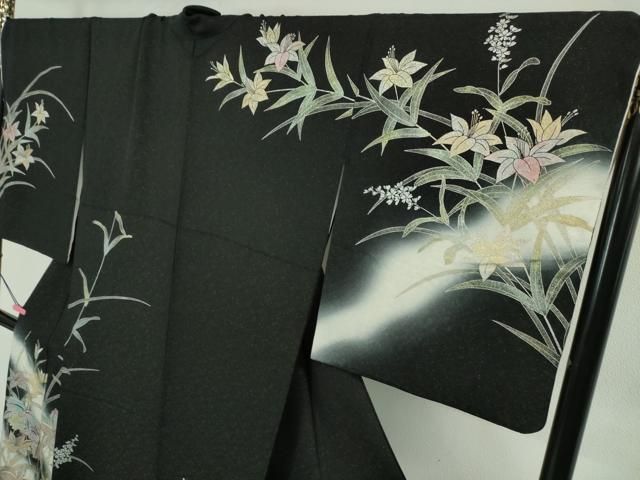 平和屋本店■極上　訪問着　草花文　暈し染め　黒地　金銀彩　銀通し地　逸品　DZAA5760kh5 平和屋本店□極上 訪問着 草花文 暈し染め 黒地 金銀彩 銀通し地 逸品