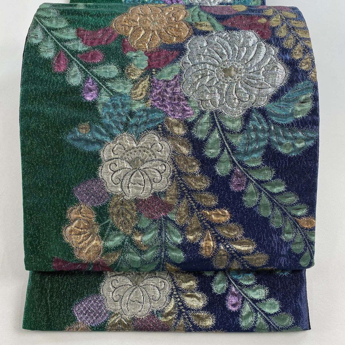 袋帯 秀品 振袖向き 辻が花 草花 箔 青緑 六通 正絹