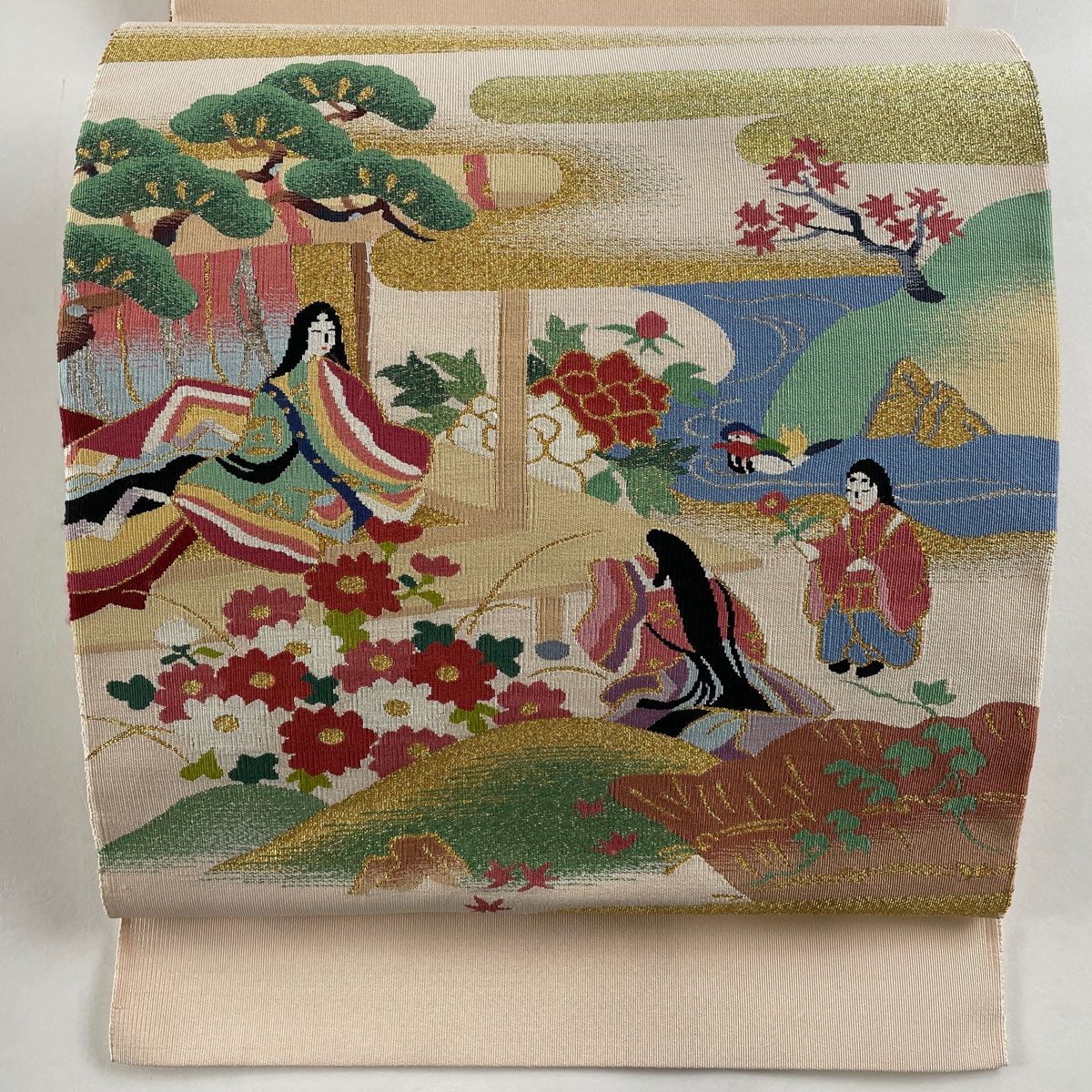 名古屋帯 美品 秀品 八寸名古屋帯 松葉仕立て 枝花 箔 クリーム 正絹