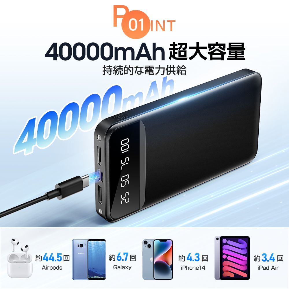 2024新登場】40000mAh大容量 モバイルバッテリー 4本ケーブル内蔵急速
