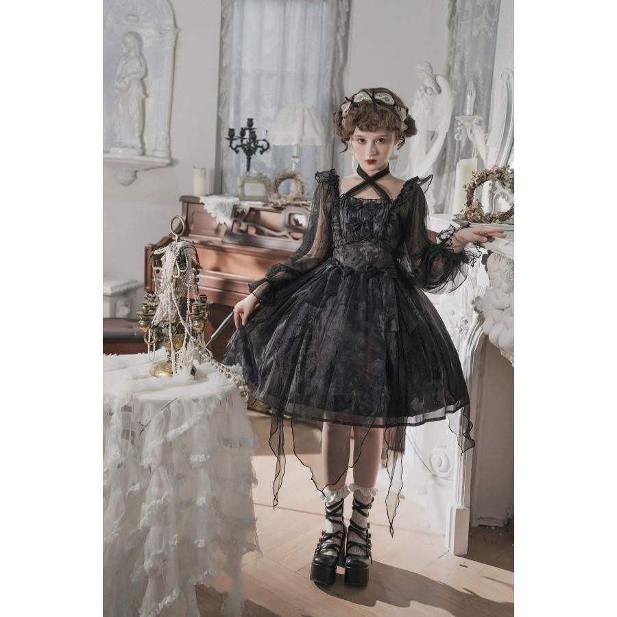 ロリータ ロリィタ ワンピース ブラック 黒 ロリータファッション ロリィタファッション 半袖 クラシカル ゴシック 大人 ふわふわ レース