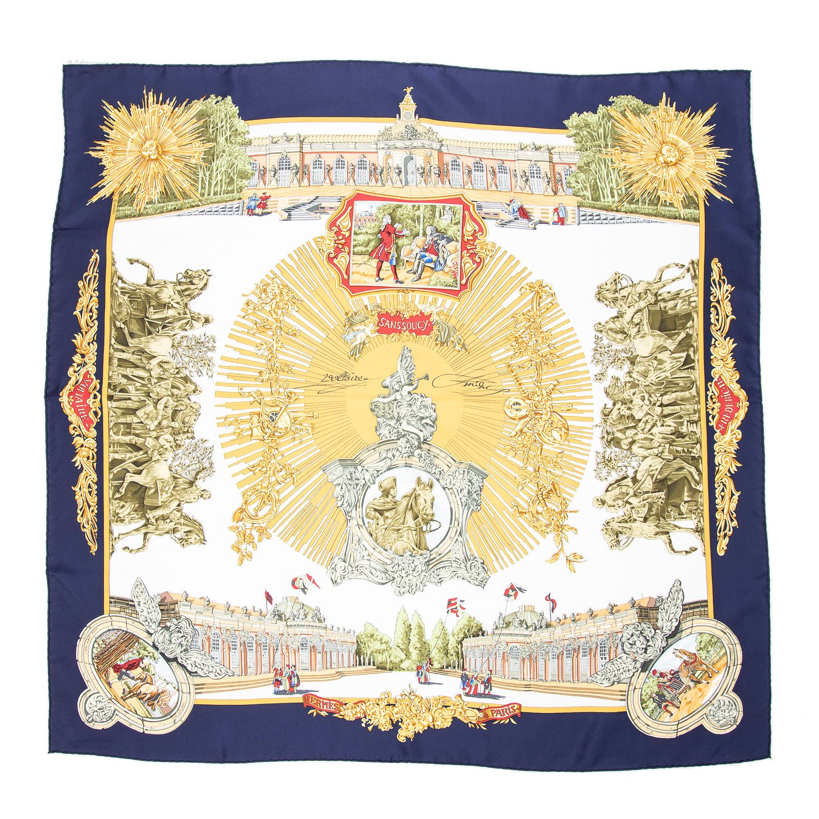 HERMES エルメススカーフネイビー 金 白 緑 ツイルシルクA