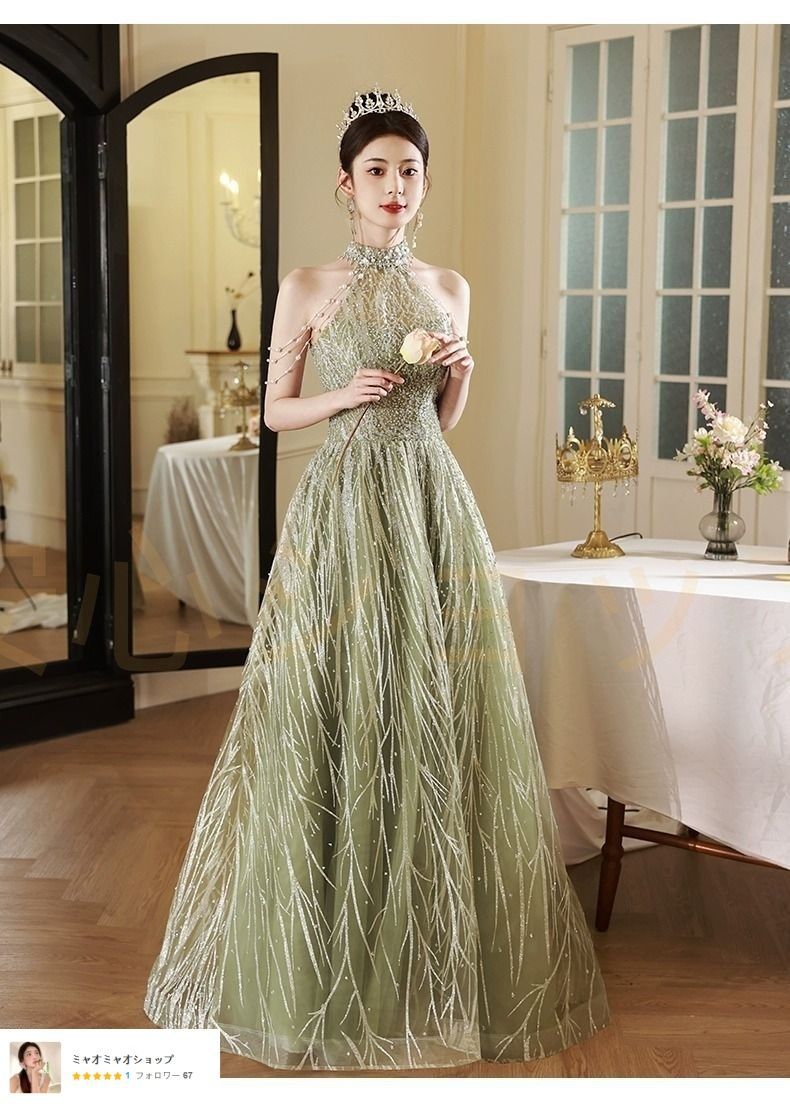 2025 グリーン レディース ハイウエスト ノースリーブ ホルターネック ロングドレス Aライン パーティー 誕生日 卒業式 主催者向け