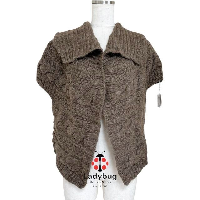 KEITH レディース ボタンレス ニットカーディガン 半袖 ボレロ 大きな襟 アラン編み ダークブラウン