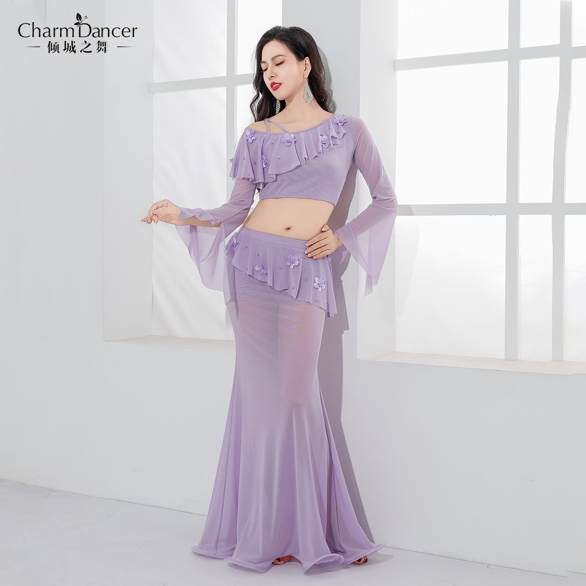 ♥ ダンス衣装 レッスン着 社交ダンス ラテンドレス セクシー優雅 ステージ衣装 練習着 2点セット 長袖トップス＋魚尾スカート 修身 花飾り付き 淡紫 BABYブルー ミントグリーン イベント用 撮影会 パーティー用 ハロウィン ダンス用