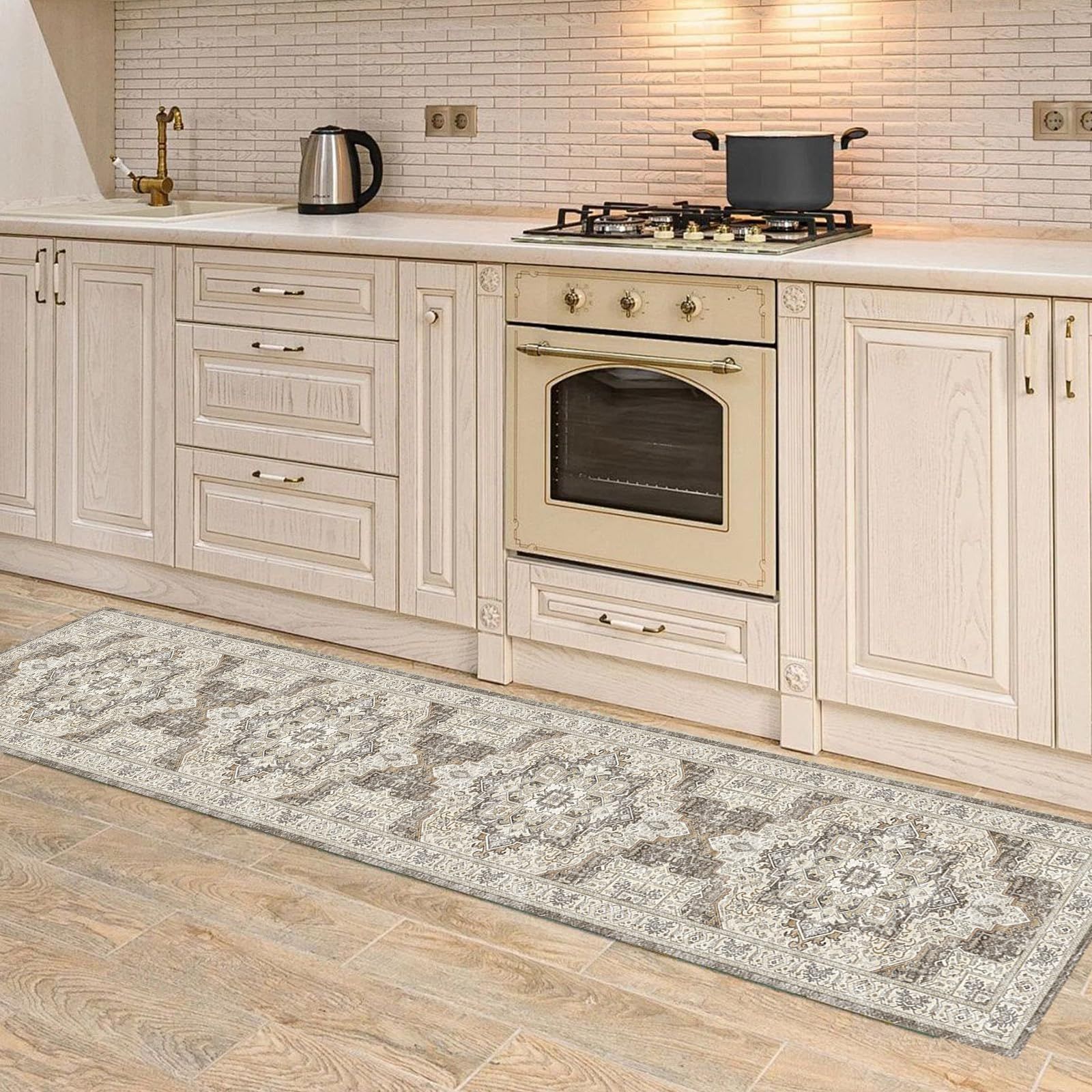 HiChiclife ラグ キッチンマット 室内 滑り止め ホットカーペット対応 洗える ラグマット 耐磨耗性 絨毯 廊下 玄関マット 軽量 花柄 ペルシャ風 ラグ カーペット 北欧 アンティーク 45x240cm ブラウン