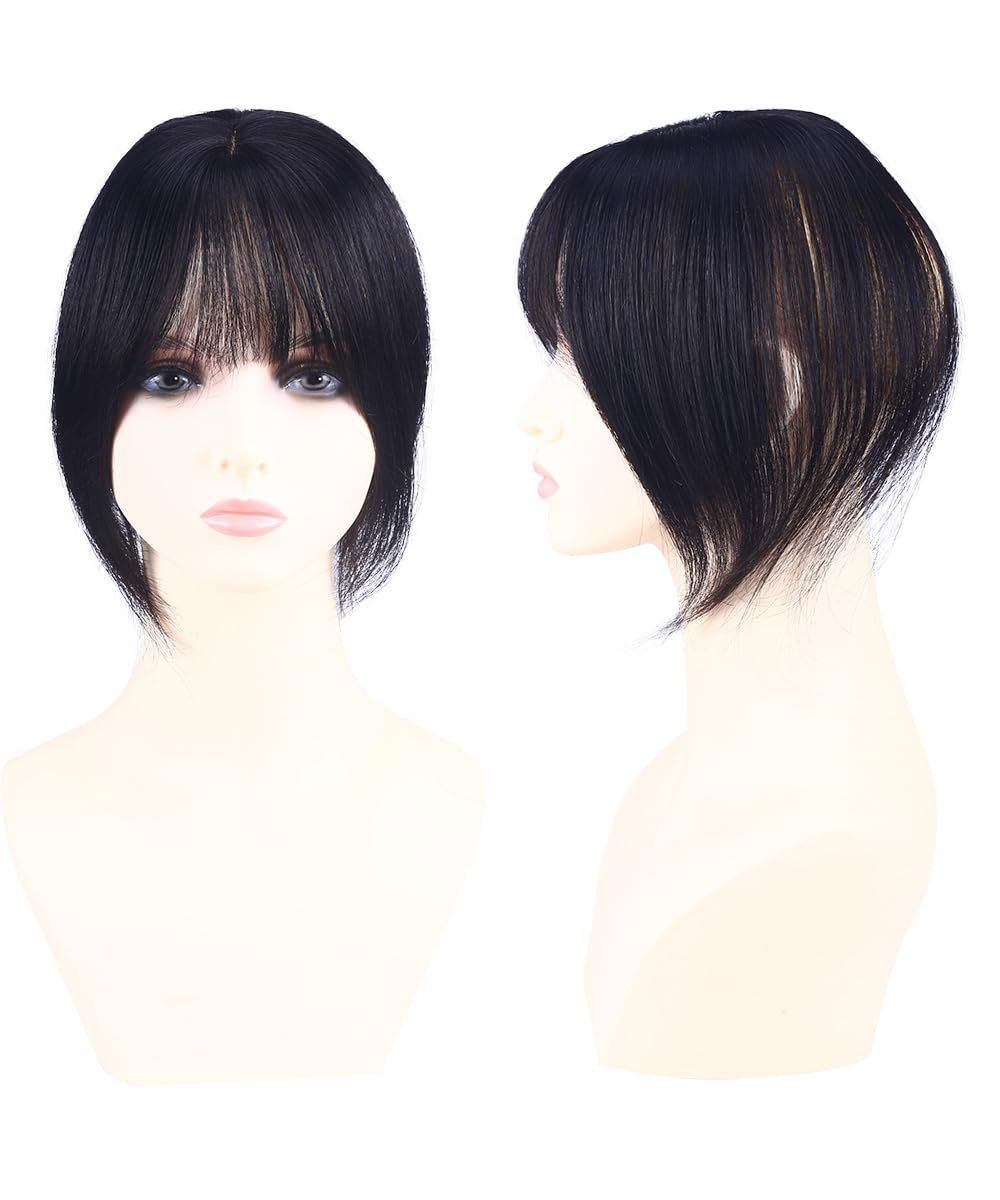 装着簡単 医療用ウィッグ トップカバー ファッション 女性用 ショート ヘアピース 軽量 通気性 前髪ウィッグ 3D ぱっつんバング 白髪隠れ 人工皮膚付け 自然 手植え 7*9CM 自然黒色 人毛100％ 部分ウィッグ HIYE