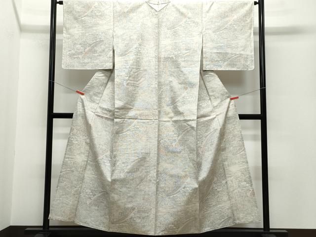 平和屋着物▽上質な紬 単衣 風景渡り橋草木文 正絹 逸品