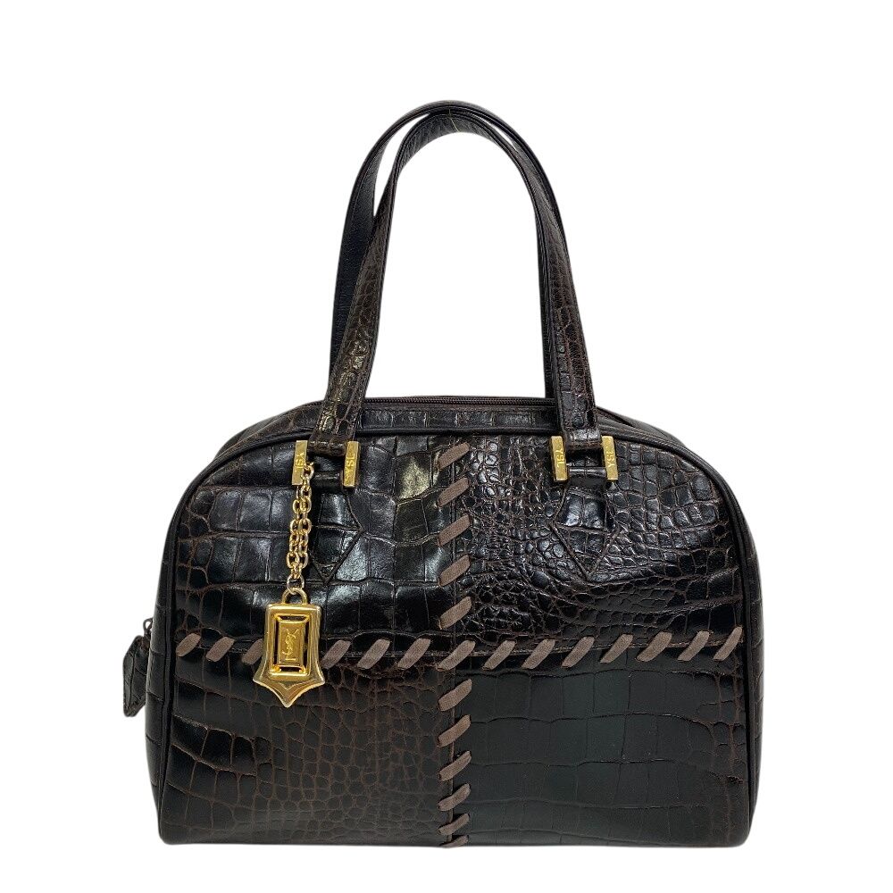 イヴサンローラン YVES SAINT LAURENT ハンドバッグ イヴ・サンローラン クロコ型押し ステッチ  編み込み ゴールド金具 裏地総柄 ミニボストンバッグ ブラウン 5％OFF フォロワークーポン！！】YVES SAINT LAURENT イヴサン