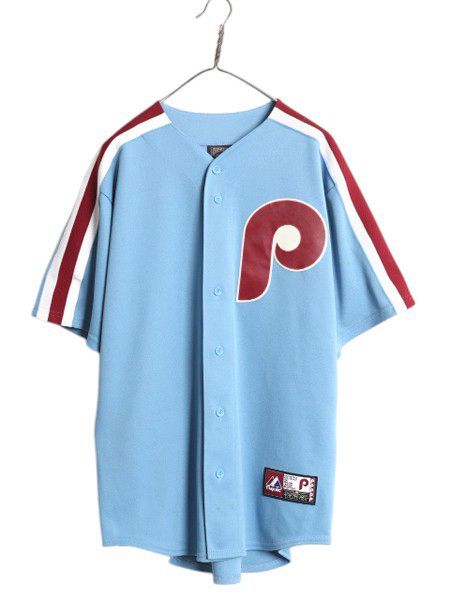 なクーポン配布中! フィリーズ ベースボール シャツ メンズ XL 程| MLB オフィシャル マジェスティック 大リーグ ユニフォーム ゲームシャツ 半袖シャツ