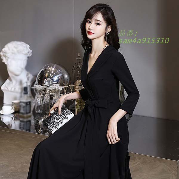 思慮深い パーティードレス ロングドレス ブラック 袖あり 大人 結婚式 ステージドレス 同窓会 Aライン 演奏会 S 7L 20代 40代 ピアノ発表会 二次会 母親 am4a915310