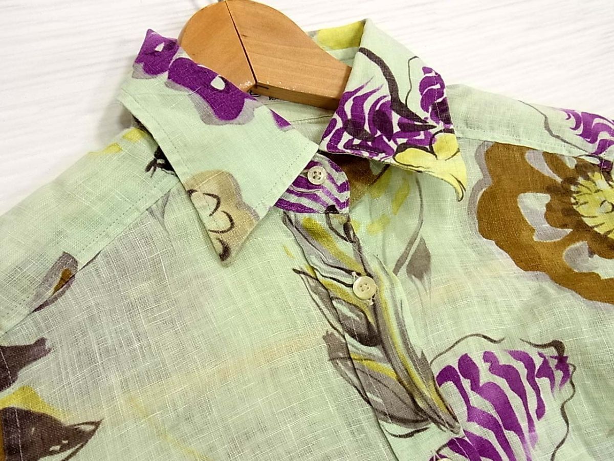 ◇ETRO リネン(麻)100％ 長袖 シャツ ブラウス マルチ花柄 ロゴボタン  