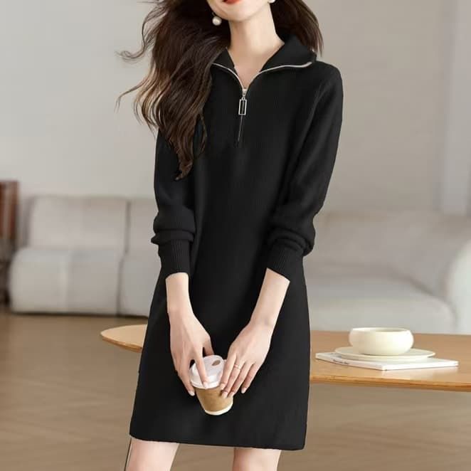  チュニック ニット ロングセーター レディース ニットワンピース ワンピース 暖かい ニットセーター ハーフジップ 長袖 無地 韓国風 ミディア丈 ネック 膝丈ワンピース きれいめ 体型カバー 着痩せgelitai 43 長袖 チュニック