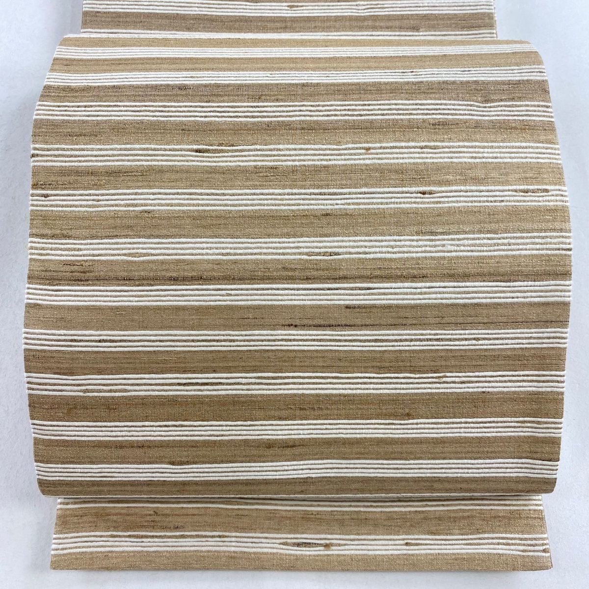 袋帯 美品 逸品 タッサーシルク 野蚕糸 縞 薄茶色 全通 正絹