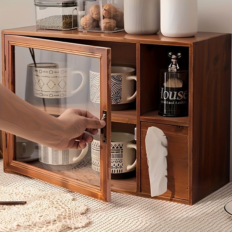 キャビネット 木製 仕切り付き 2段収納 ストア ティッシュホルダー付き