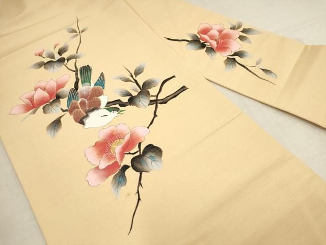 平和屋着物▽九寸名古屋帯 手描き 枝花に休み鳥 正絹 逸品 AAAY5044wj