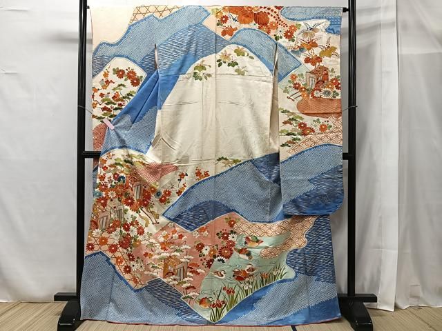 平和屋着物□豪華振袖 駒刺繍 鴛鴦御所車枝花文 金彩 正絹 逸品