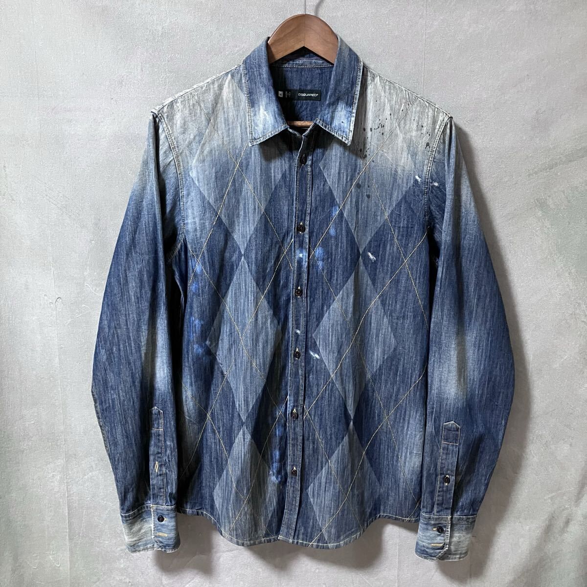 DSQUARED2 ディースクエアード アーガイル柄 デニム ブリーチ ペイント 加工 シャンブレー シャツ size.48 M インディゴ イタリア製