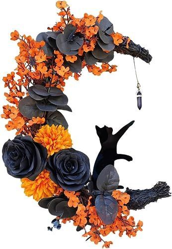 ムーンハロウィンリース 猫とハロウィーンの月のリース ドアの花輪 壁の装飾 ハロウィンの飾り付け 玄関用の月のハロウィーンリース ハロウィン猫ドアリース 猫のハロウィンデコレーショ