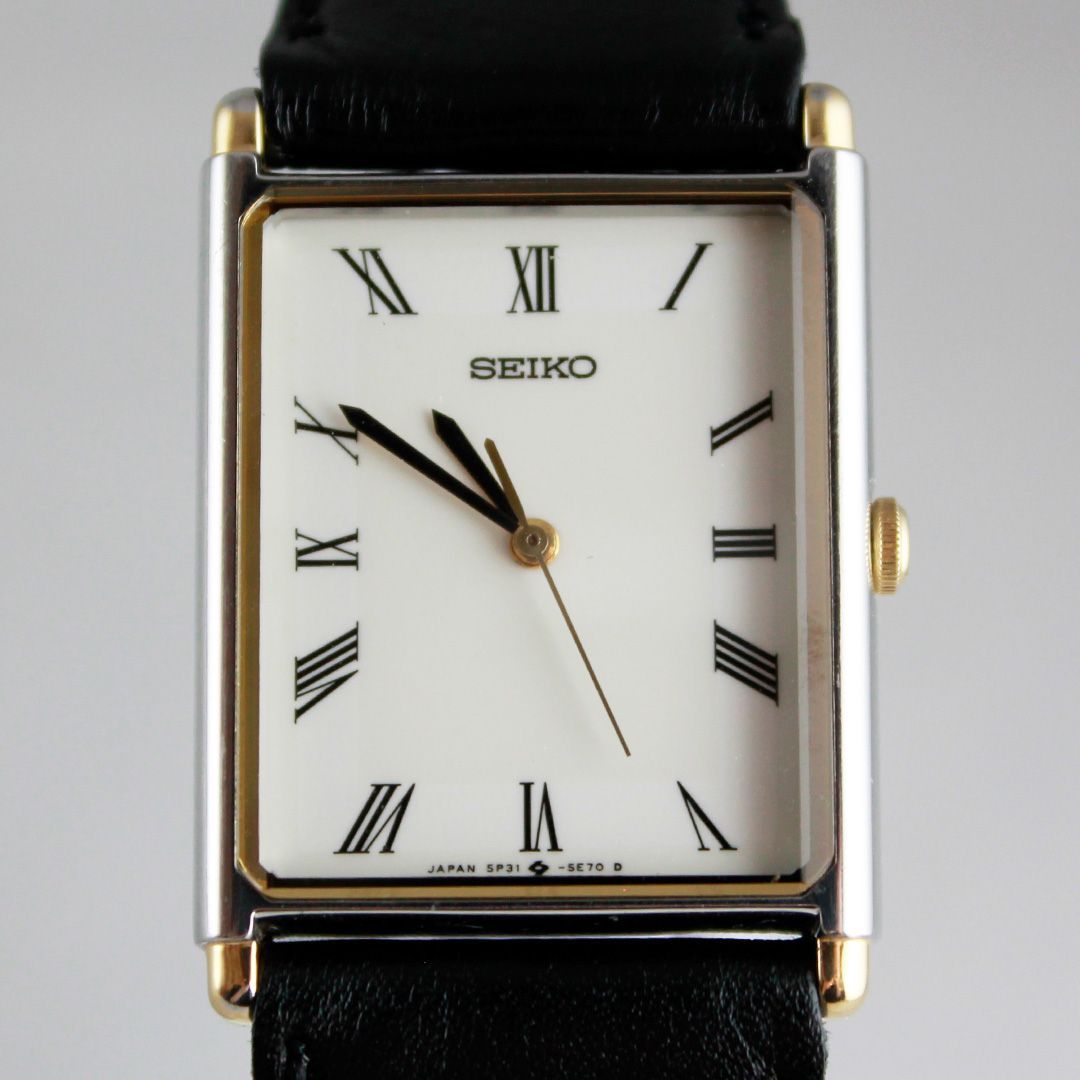 セイコー クォーツ 長方形 時計 黒レザー 中古 】セイコー SEIKO 5P31-5D40 スクエア レクタングル