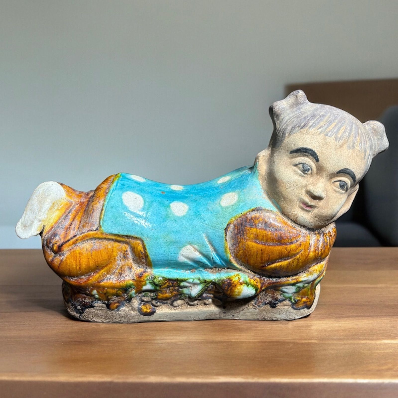 人物像 置物 陶器製 中国美術 オブジェ 枕 彫刻 民芸 工芸品 中国 唐物 