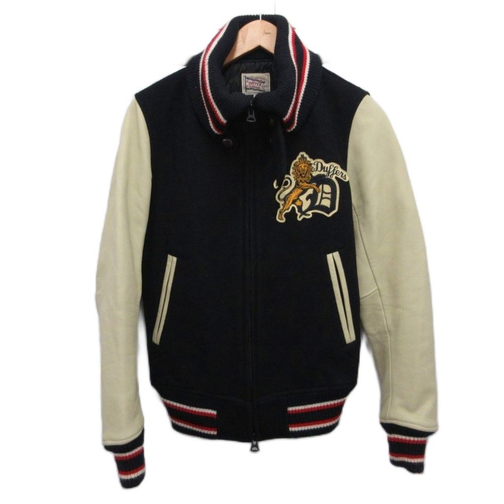 ザ ダファー オブ セントジョージ The DUFFER of ST.GEORGE スタジャン ブルゾン レザー切替 羊革 ワッペン ダブルジップ S 紺 ネイビー アイボリー DF-Q9-33100 MET2