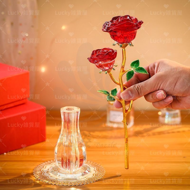 バラのついた飾り用花瓶 花台付き 中国 クリスタルバラガラス 置物 オーナメント クリスタル 花