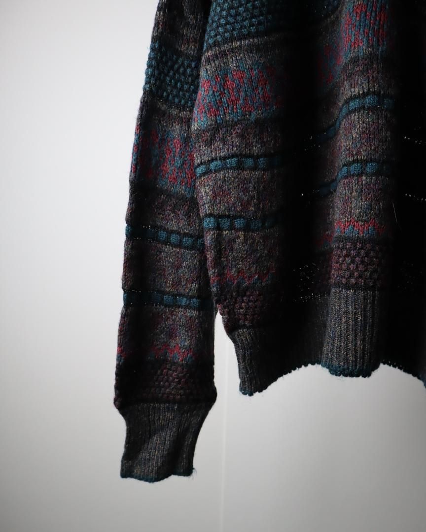 【vintage】オルテガ調 総柄 デザイン ウール混 ニット セーター 英国製