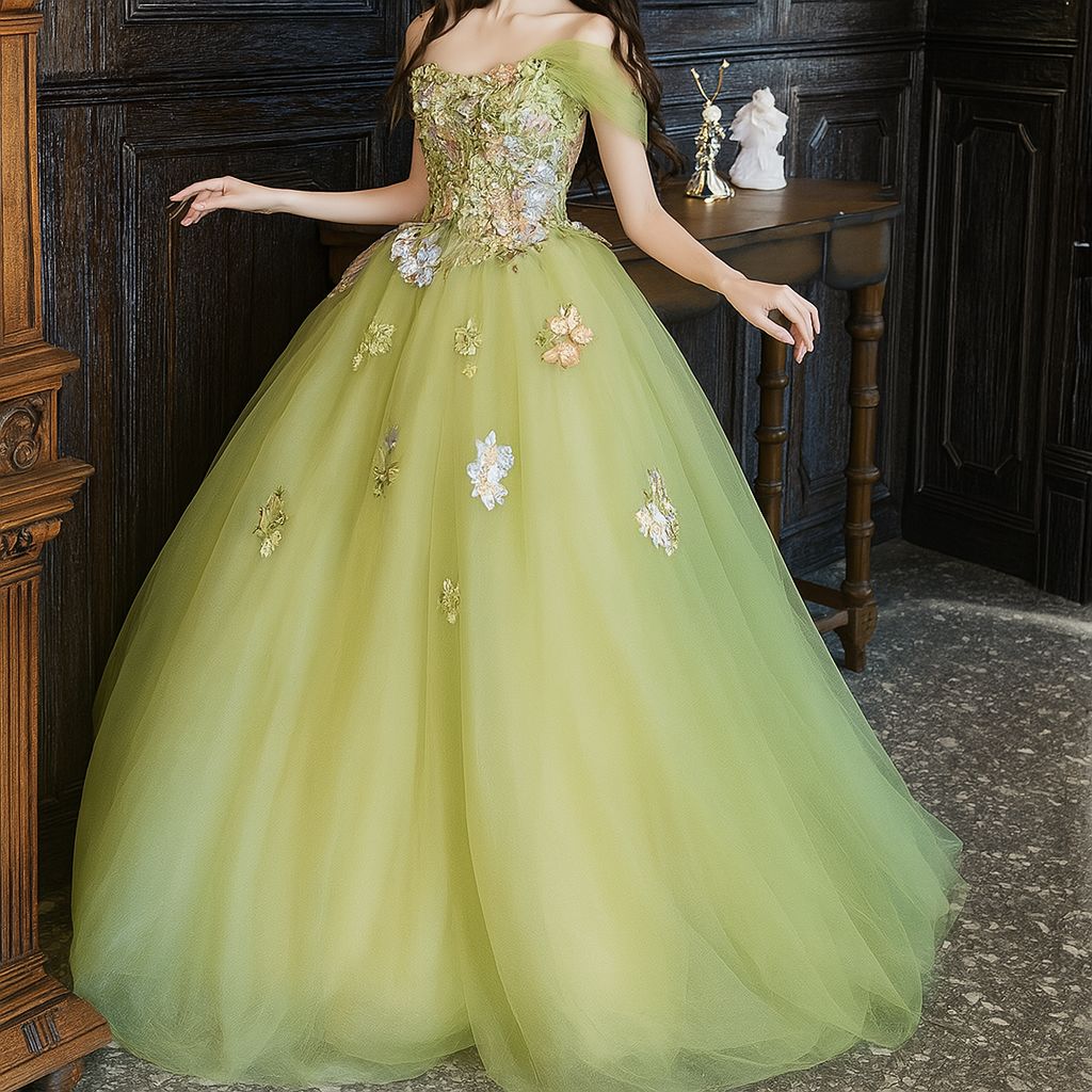 グリーン チュールドレス L 刺繍 花柄 ビジュー付き オフショルダー ボリュームスカート 演奏会 ステージドレス 発表会 ウエディング パーティー